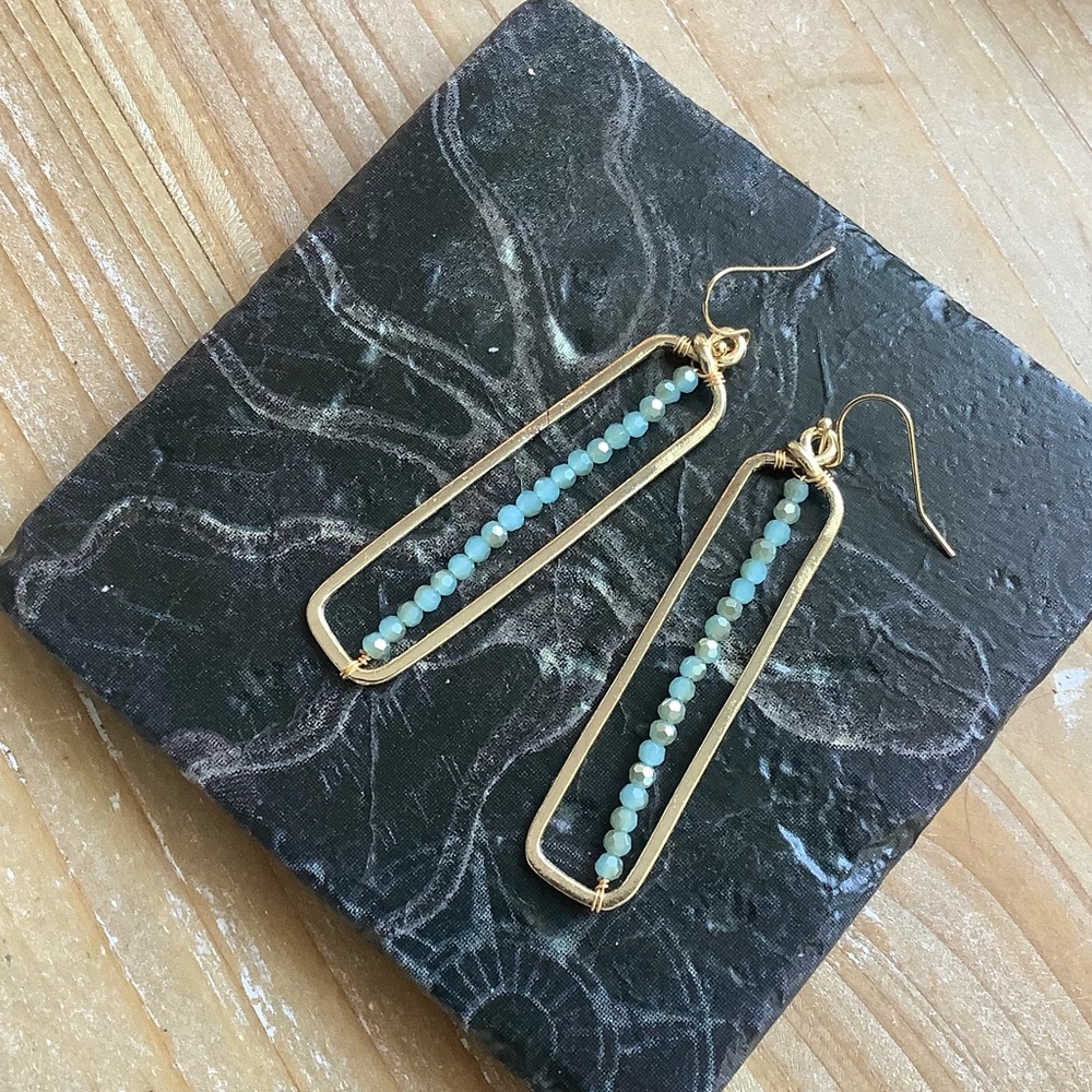 NWOT ANTHROPOLOGIE Gold & Blue Beaded Rectangle Drop Earrings